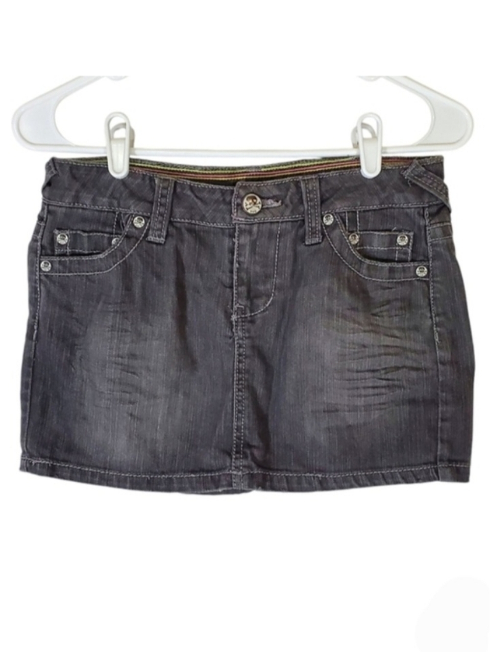 2236 * YNQ Denim Mini Skirt Skull Buttons Rivets Black Gray Size 5